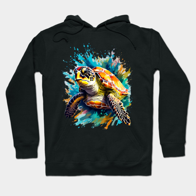 Sea Turtle Surrounded by Splashes of Watercolor Hoodie by BirdsnStuff
