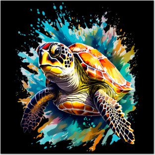 Sea Turtle Surrounded by Splashes of Watercolor Posters and Art