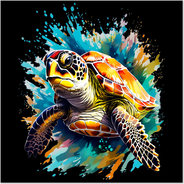Sea Turtle Surrounded by Splashes of Watercolor Wall Art by BirdsnStuff