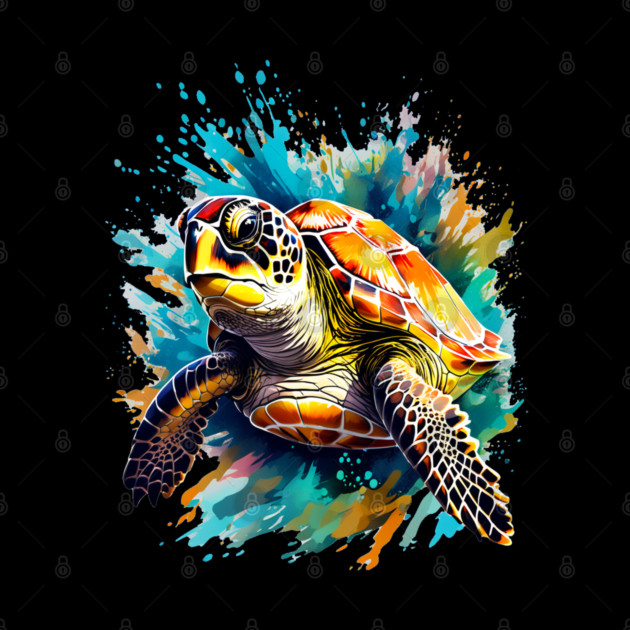 Sea Turtle Surrounded by Splashes of Watercolor by BirdsnStuff
