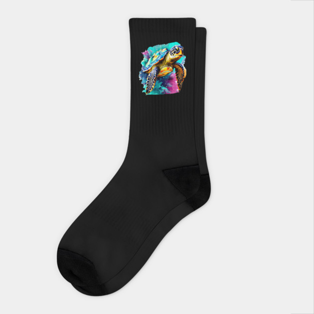Sea Turtle Surrounded by Splashes of Watercolor Socks by BirdsnStuff