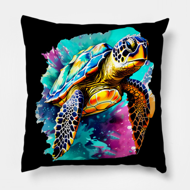 Sea Turtle Surrounded by Splashes of Watercolor Pillow by BirdsnStuff