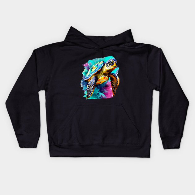 Sea Turtle Surrounded by Splashes of Watercolor Kids Hoodie by BirdsnStuff