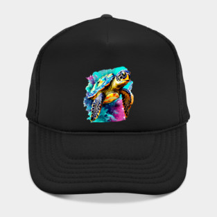 Sea Turtle Surrounded by Splashes of Watercolor Hat