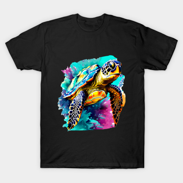 Sea Turtle Surrounded by Splashes of Watercolor T-Shirt by BirdsnStuff