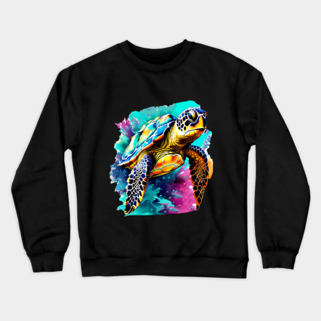 Sea Turtle Surrounded by Splashes of Watercolor Crewneck Sweatshirt by BirdsnStuff