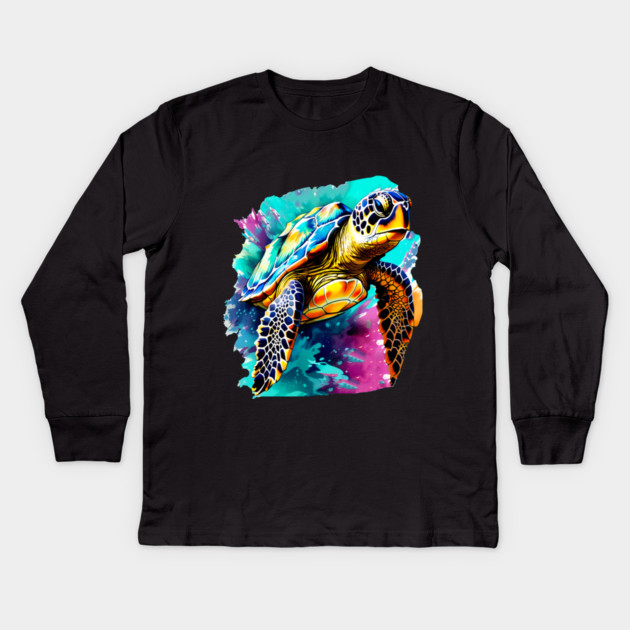 Sea Turtle Surrounded by Splashes of Watercolor Kids Long Sleeve T-Shirt by BirdsnStuff
