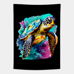 Sea Turtle Surrounded by Splashes of Watercolor Tapestry
