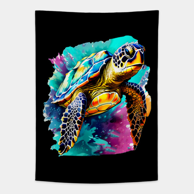 Sea Turtle Surrounded by Splashes of Watercolor Tapestry by BirdsnStuff