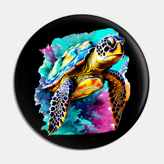 Sea Turtle Surrounded by Splashes of Watercolor Pin by BirdsnStuff