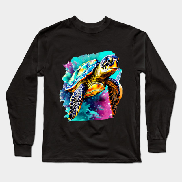 Sea Turtle Surrounded by Splashes of Watercolor Long Sleeve T-Shirt by BirdsnStuff