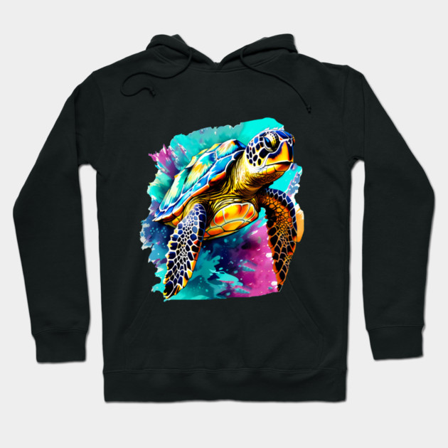 Sea Turtle Surrounded by Splashes of Watercolor Hoodie by BirdsnStuff