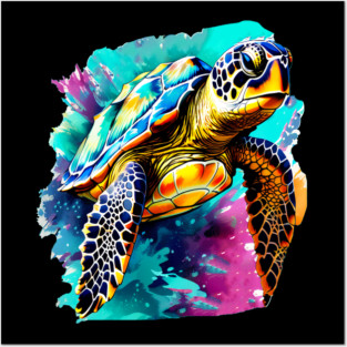 Sea Turtle Surrounded by Splashes of Watercolor Posters and Art