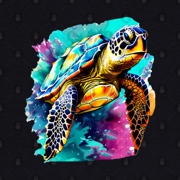 Sea Turtle Surrounded by Splashes of Watercolor by BirdsnStuff