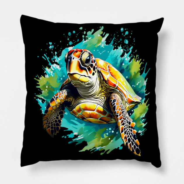 Sea Turtle Surrounded by Splashes of Watercolor Pillow by BirdsnStuff