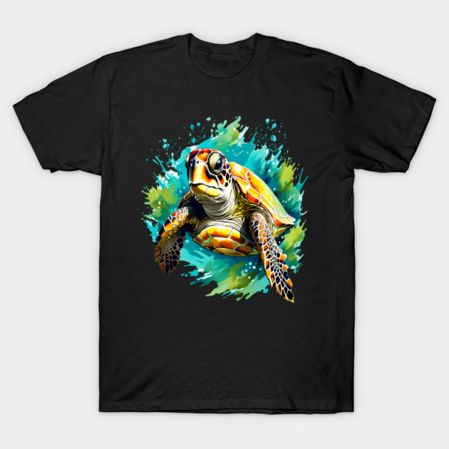 Sea Turtle Surrounded by Splashes of Watercolor T-Shirt by BirdsnStuff