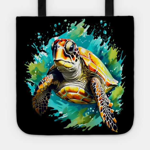 Sea Turtle Surrounded by Splashes of Watercolor Tote by BirdsnStuff