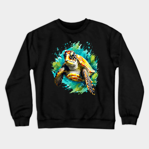 Sea Turtle Surrounded by Splashes of Watercolor Crewneck Sweatshirt by BirdsnStuff