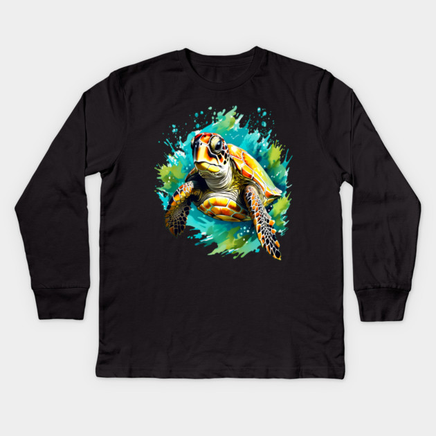 Sea Turtle Surrounded by Splashes of Watercolor Kids Long Sleeve T-Shirt by BirdsnStuff
