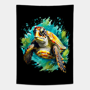Sea Turtle Surrounded by Splashes of Watercolor Tapestry