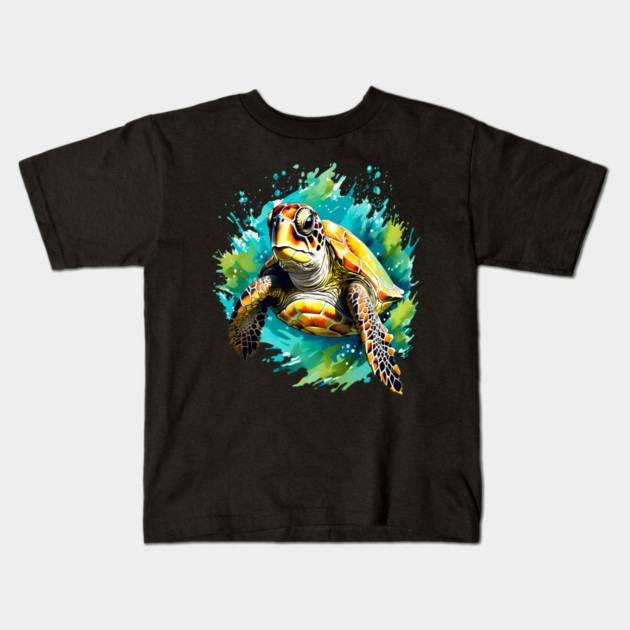 Sea Turtle Surrounded by Splashes of Watercolor Kids T-Shirt by BirdsnStuff