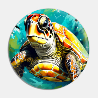 Sea Turtle Surrounded by Splashes of Watercolor Pin