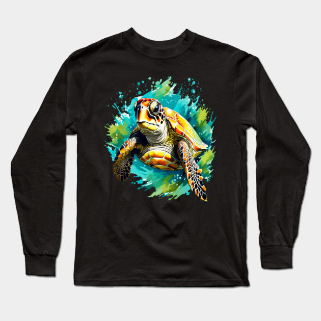 Sea Turtle Surrounded by Splashes of Watercolor Long Sleeve T-Shirt by BirdsnStuff