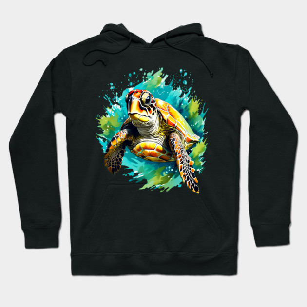 Sea Turtle Surrounded by Splashes of Watercolor Hoodie by BirdsnStuff