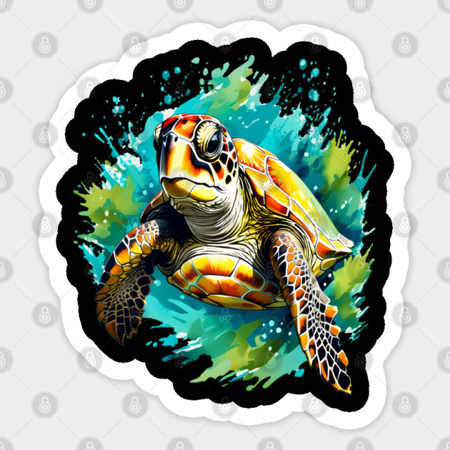 Sea Turtle Surrounded by Splashes of Watercolor Sticker by BirdsnStuff