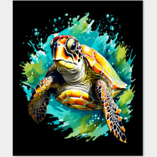 Sea Turtle Surrounded by Splashes of Watercolor Posters and Art