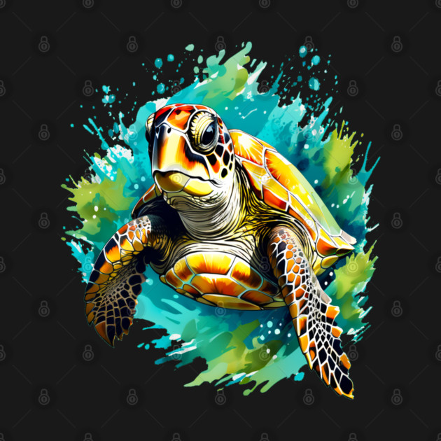Sea Turtle Surrounded by Splashes of Watercolor by BirdsnStuff