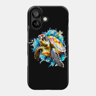 Sea Turtle Surrounded by Splashes of Watercolor Phone Case