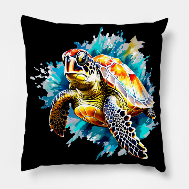 Sea Turtle Surrounded by Splashes of Watercolor Pillow by BirdsnStuff