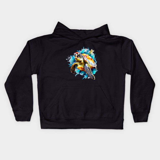 Sea Turtle Surrounded by Splashes of Watercolor Kids Hoodie by BirdsnStuff