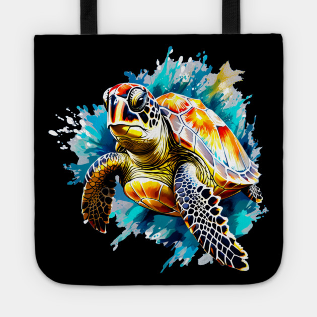 Sea Turtle Surrounded by Splashes of Watercolor Tote by BirdsnStuff