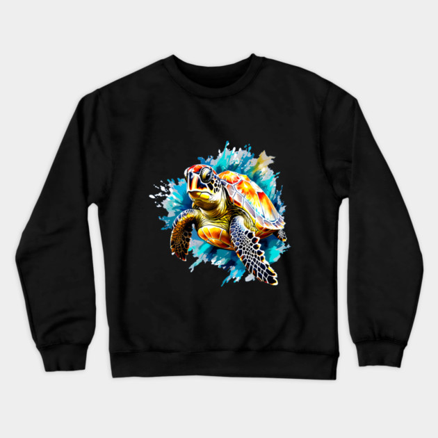 Sea Turtle Surrounded by Splashes of Watercolor Crewneck Sweatshirt by BirdsnStuff