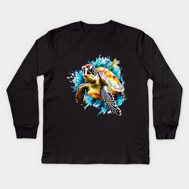 Sea Turtle Surrounded by Splashes of Watercolor Kids Long Sleeve T-Shirt by BirdsnStuff