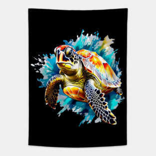Sea Turtle Surrounded by Splashes of Watercolor Tapestry