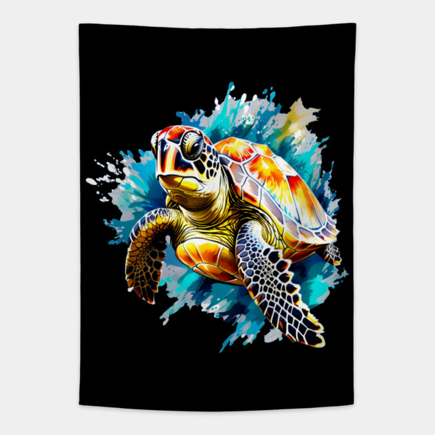 Sea Turtle Surrounded by Splashes of Watercolor Tapestry by BirdsnStuff