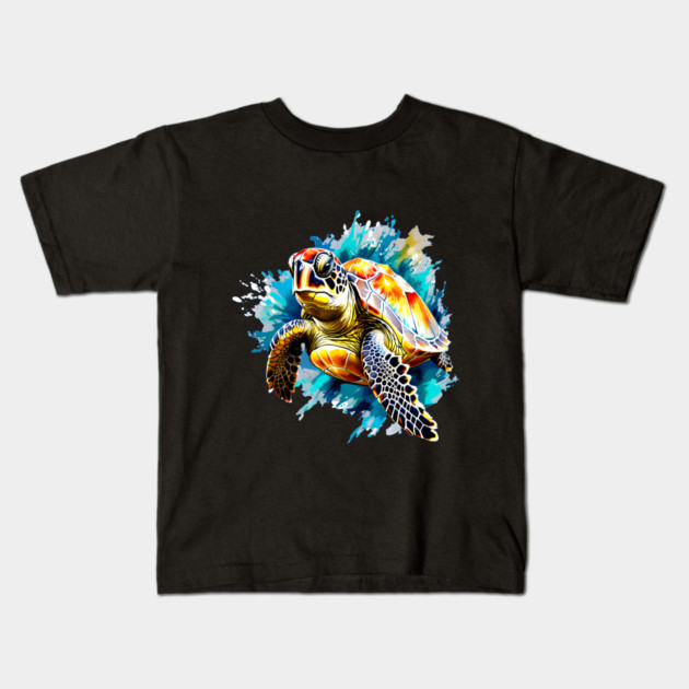 Sea Turtle Surrounded by Splashes of Watercolor Kids T-Shirt by BirdsnStuff