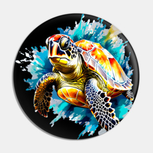 Sea Turtle Surrounded by Splashes of Watercolor Pin