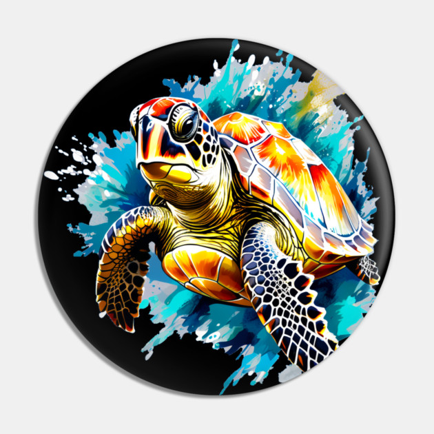Sea Turtle Surrounded by Splashes of Watercolor Pin by BirdsnStuff