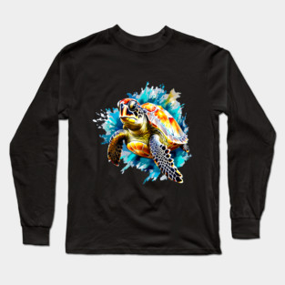 Sea Turtle Surrounded by Splashes of Watercolor Long Sleeve T-Shirt