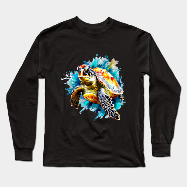 Sea Turtle Surrounded by Splashes of Watercolor Long Sleeve T-Shirt by BirdsnStuff