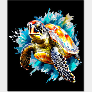 Sea Turtle Surrounded by Splashes of Watercolor Posters and Art