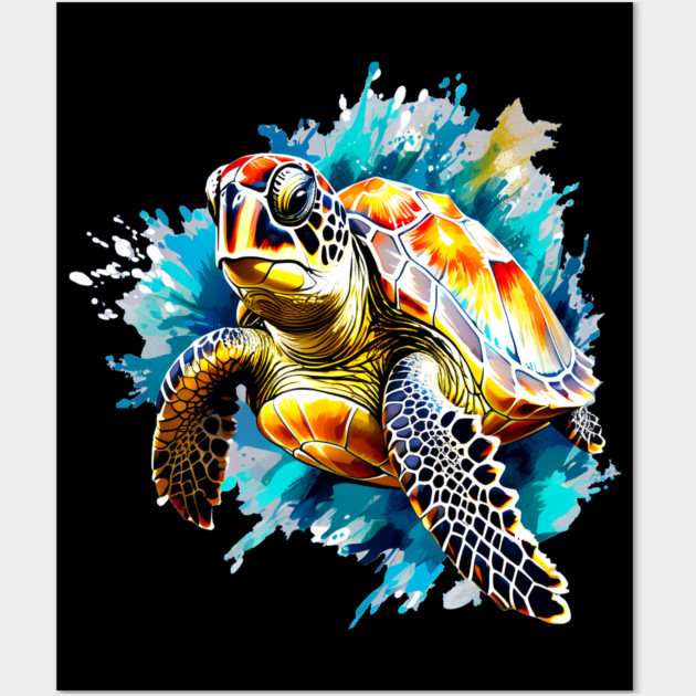Sea Turtle Surrounded by Splashes of Watercolor Wall Art by BirdsnStuff
