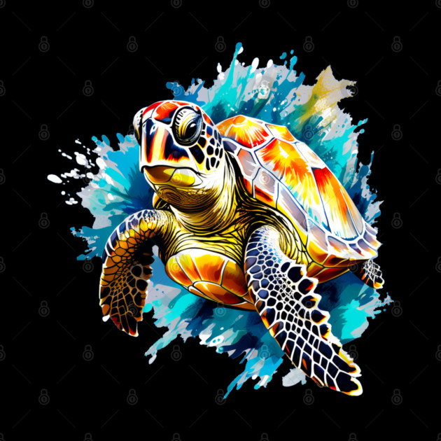 Sea Turtle Surrounded by Splashes of Watercolor by BirdsnStuff