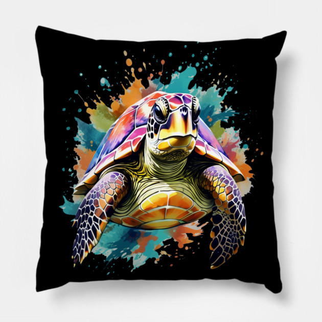 Sea Turtle Surrounded by Splashes of Watercolor Pillow by BirdsnStuff