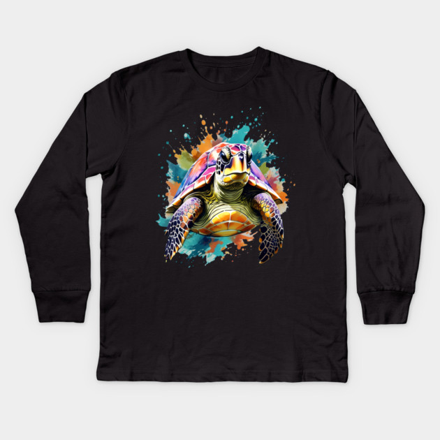 Sea Turtle Surrounded by Splashes of Watercolor Kids Long Sleeve T-Shirt by BirdsnStuff