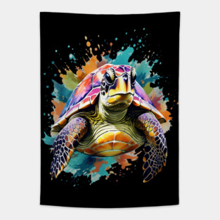 Sea Turtle Surrounded by Splashes of Watercolor Tapestry